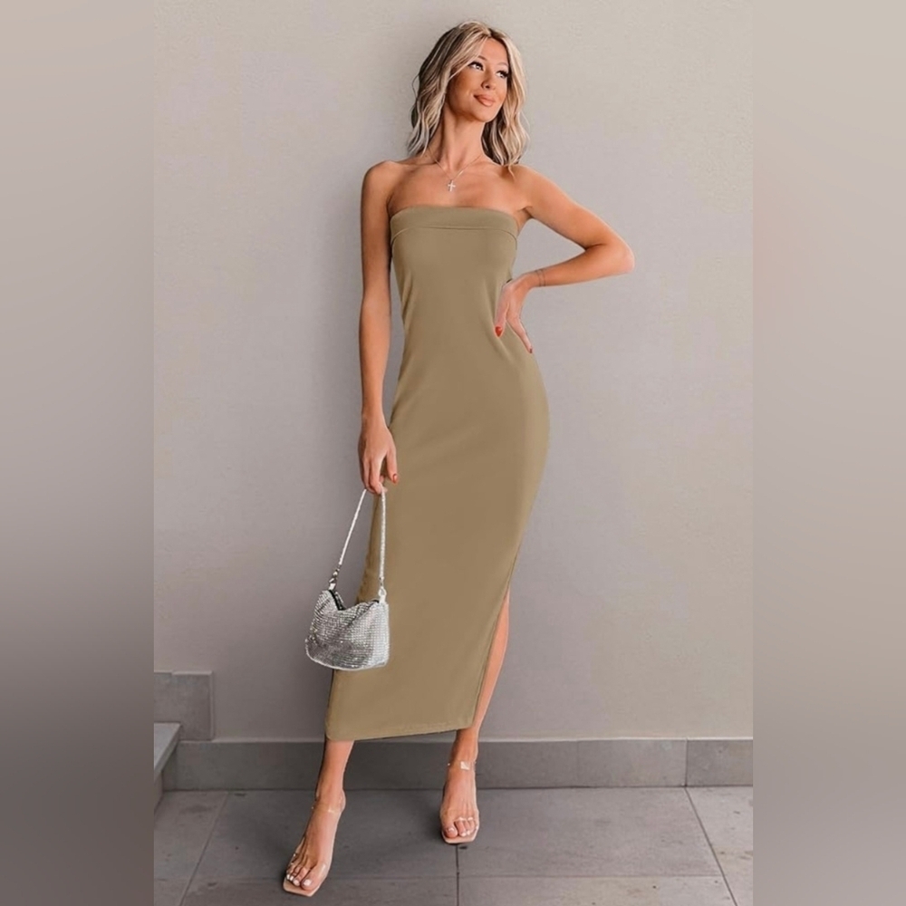 ZESICA Summer Strapless Bodycon Midi Dress #859 - Picture 8 of 12